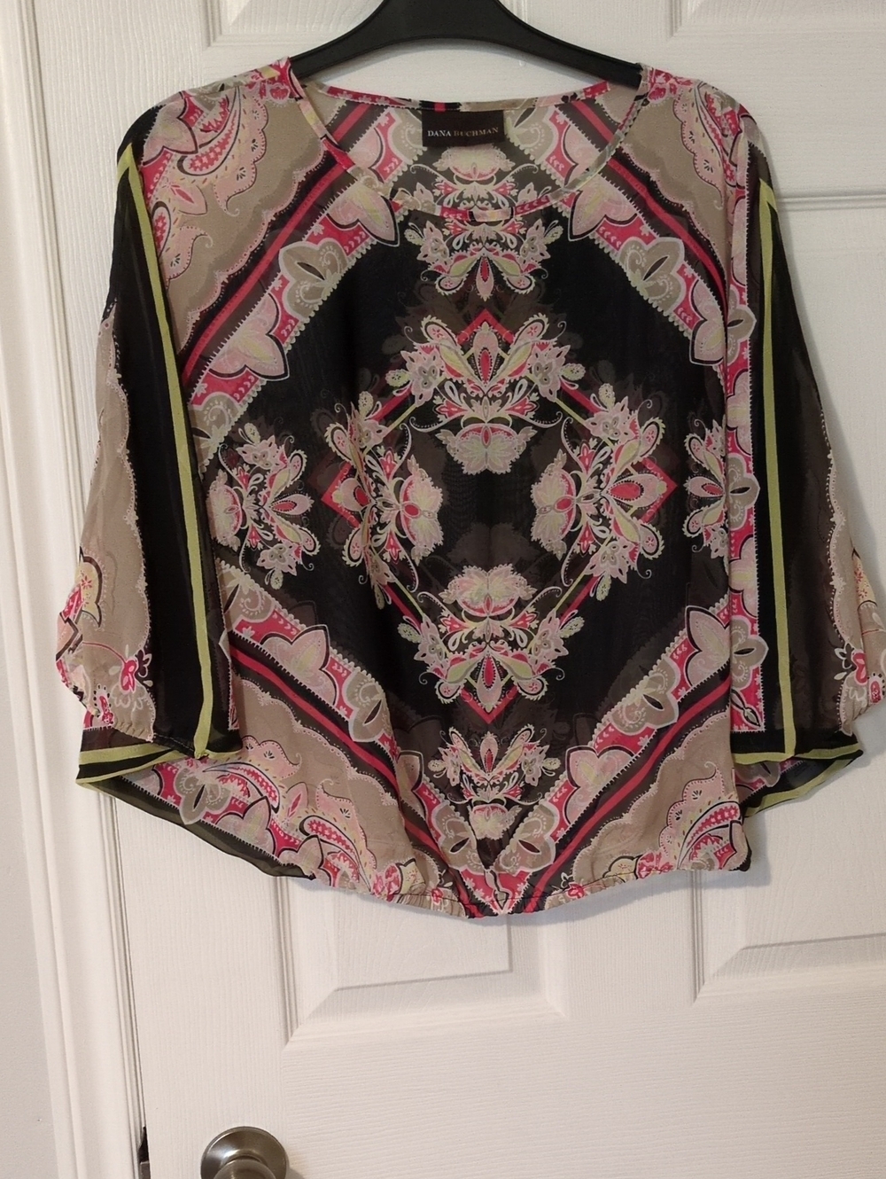 Dana Buchman Black Paisley Medallion Blouse with Pink and Cream Accents